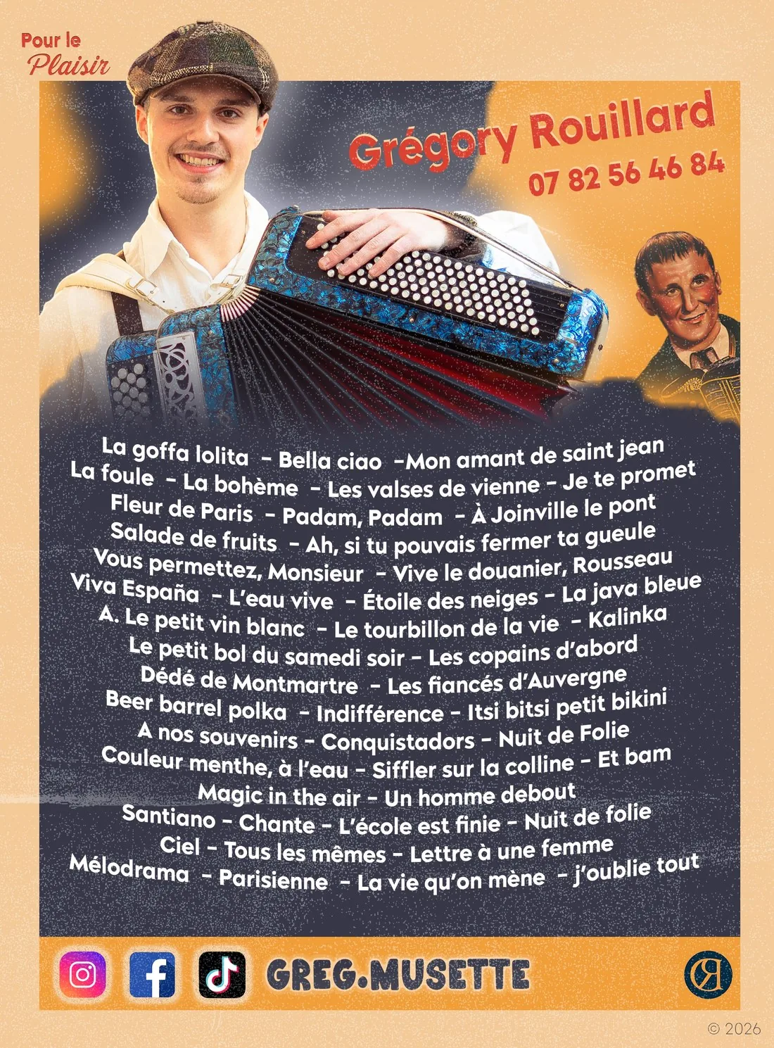 Répertoire 2026 de Greg Musette — liste complète des morceaux